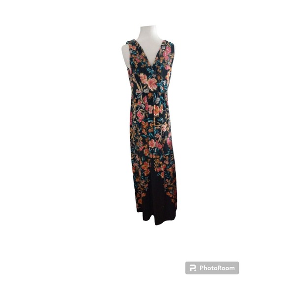Soma Maxi Sleeveless Faux Wrap Double V Dress Size Medium Black Floral Soft - Picture 2 of 8